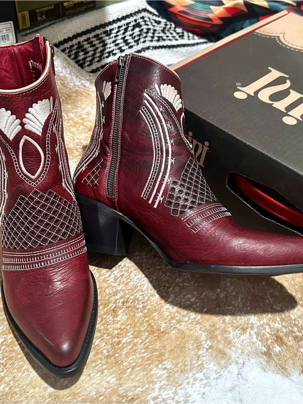 Ferrini Burgundy Leather Embroidered Ankle Booties